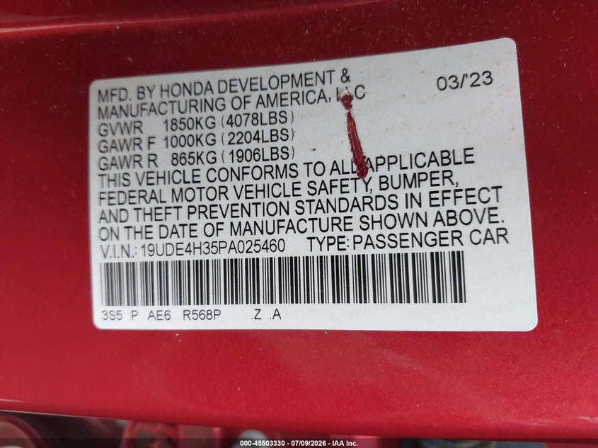 2023 Acura Integra A-Spec VIN: 19UDE4H35PA025460 Lot: 45503330