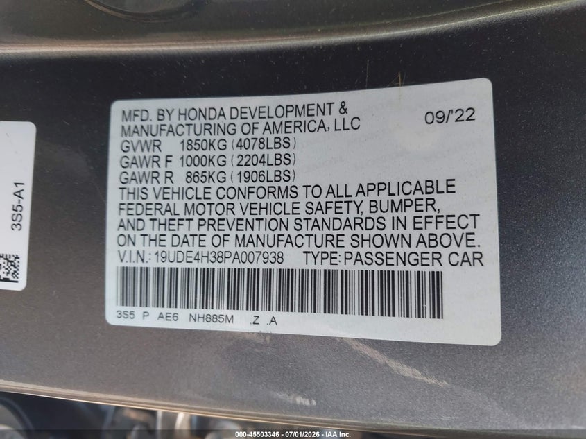 2023 Acura Integra A-Spec VIN: 19UDE4H38PA007938 Lot: 45503346