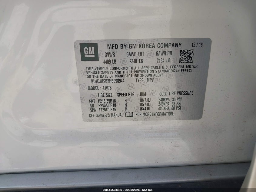 BUICK ENCORE 2017 VIN KL4CJHSB3HB098944