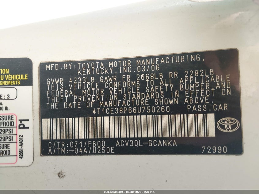 2006 Toyota Camry Solara Se VIN: 4T1CE38P66U750260 Lot: 45503394