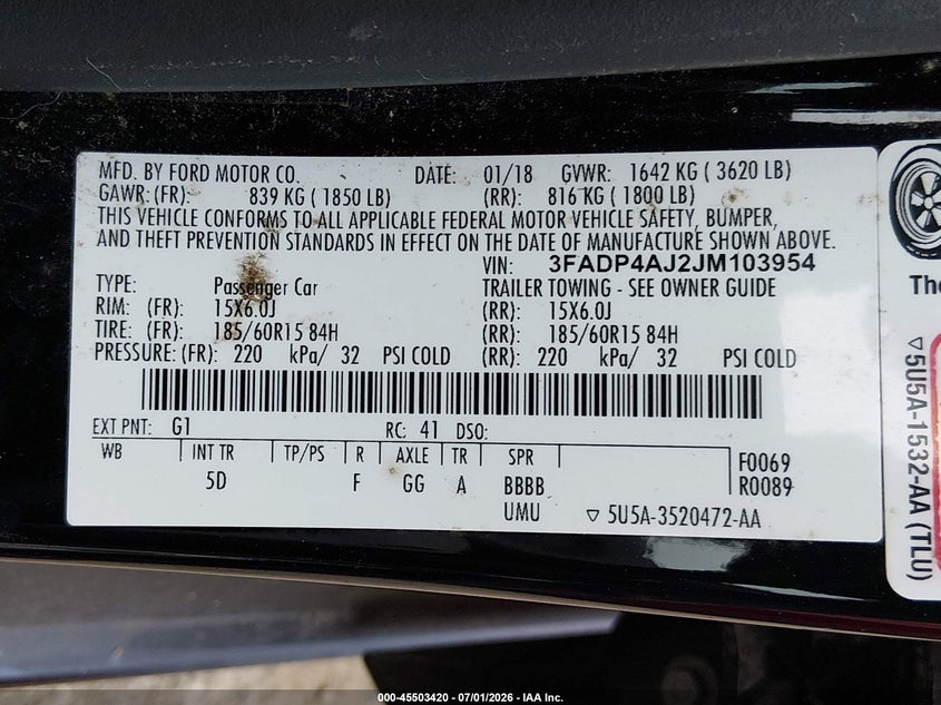 2018 Ford Fiesta S VIN: 3FADP4AJ2JM103954 Lot: 45503420