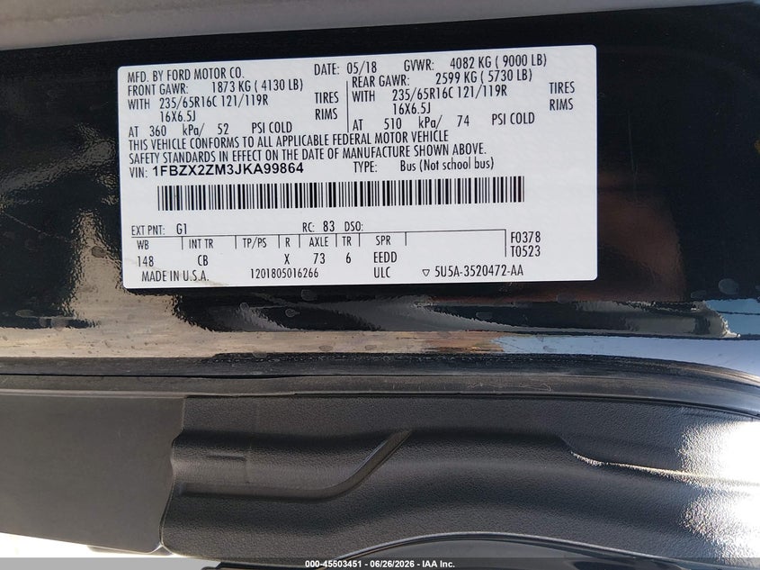 2018 Ford Transit-350 Xl/Xlt VIN: 1FBZX2ZM3JKA99864 Lot: 45503451