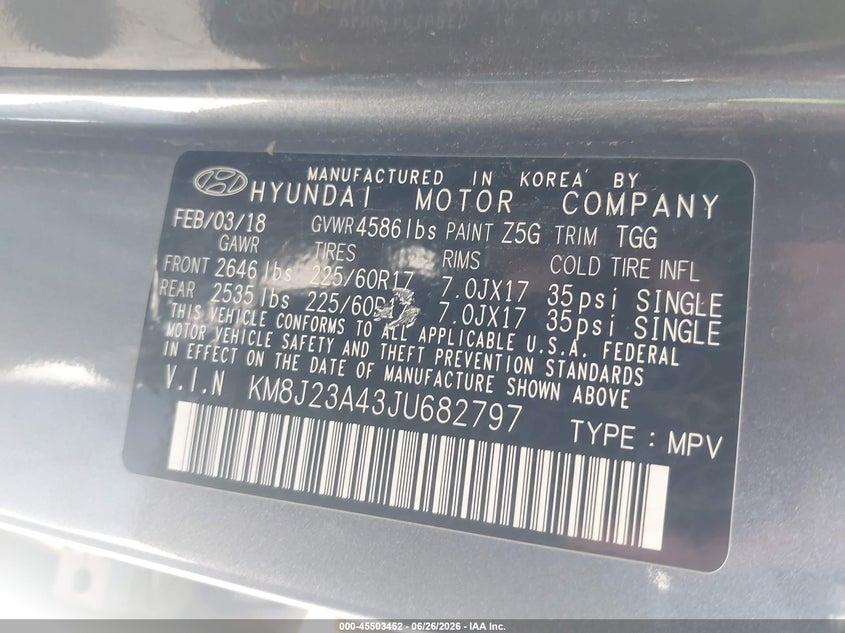 2018 Hyundai Tucson Se VIN: KM8J23A43JU682797 Lot: 45503452