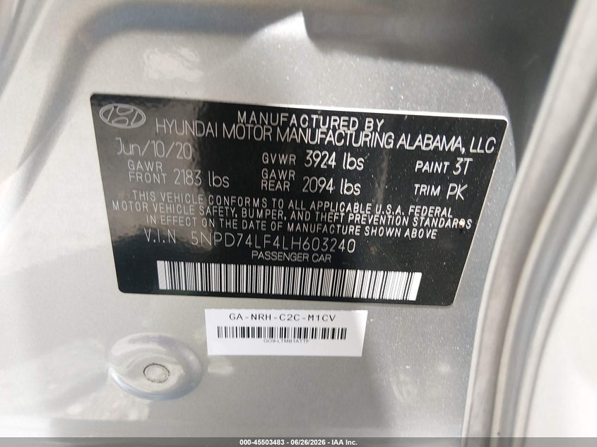 2020 Hyundai Elantra Se VIN: 5NPD74LF4LH603240 Lot: 45503483