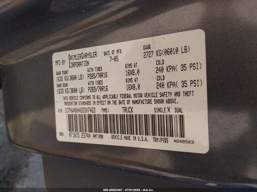 2006 Dodge Dakota Slt VIN: 1D7HW48N46S507463 Lot: 45503487