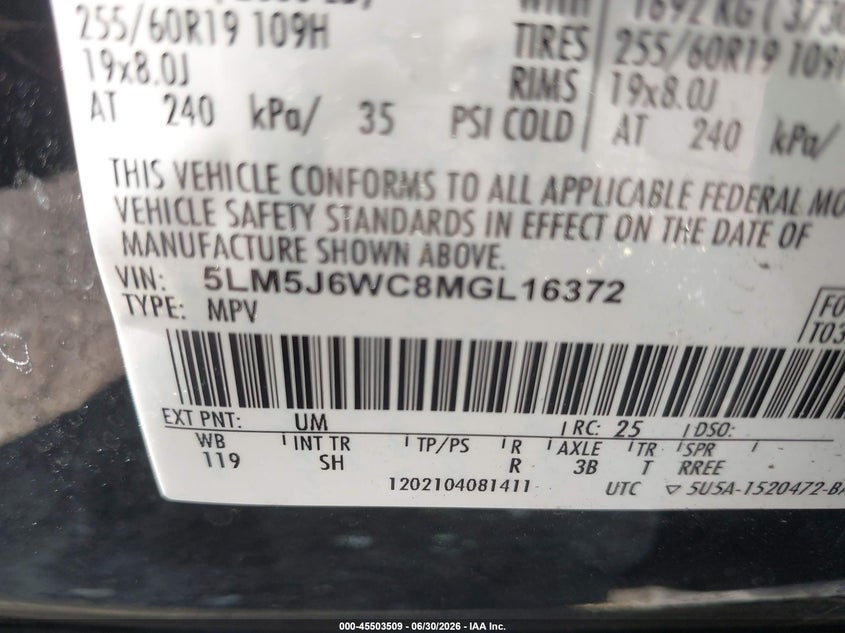 2021 Lincoln Aviator Standard VIN: 5LM5J6WC8MGL16372 Lot: 45503509