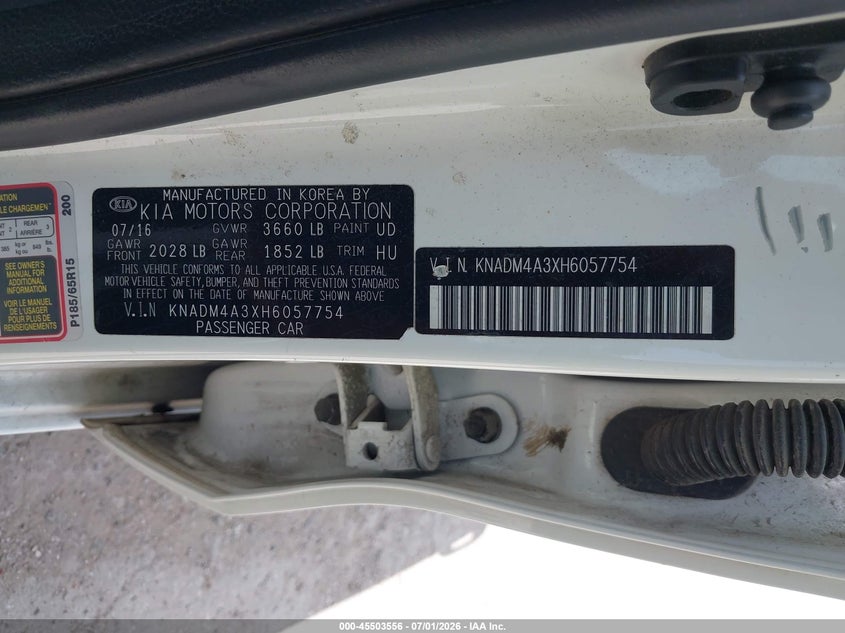 KIA RIO 2017 VIN KNADM4A3XH6057754
