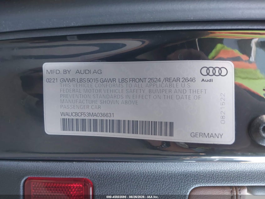 2021 Audi A5 Sportback Premium Plus 40 Tfsi Quattro S Tronic VIN: WAUCBCF53MA036631 Lot: 45503595
