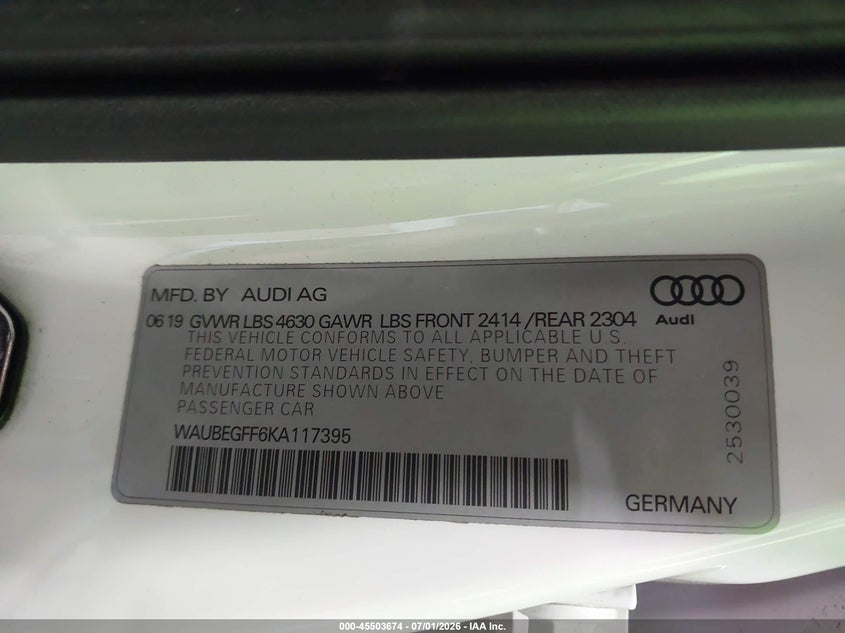 2019 Audi A3 45 Premium VIN: WAUBEGFF6KA117395 Lot: 45503674