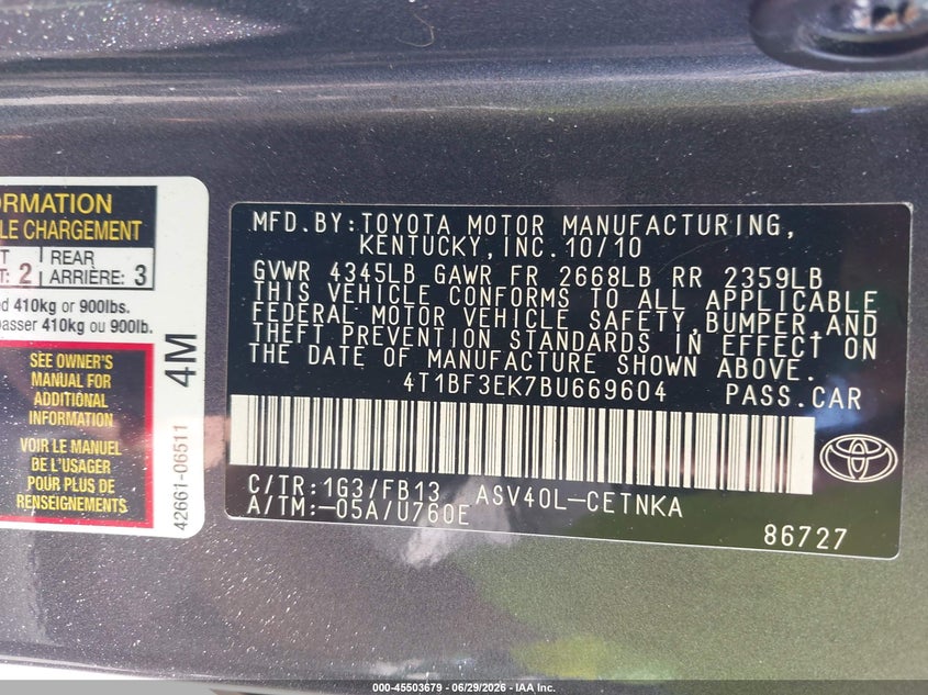 2011 TOYOTA CAMRY SEDAN 2.5L I-4 DOHC, VVT, 169HP
