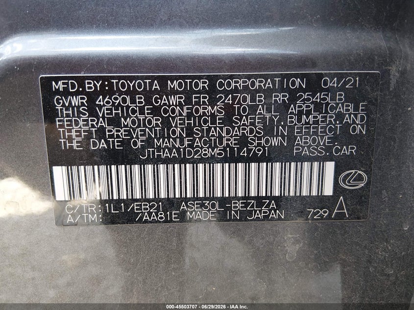 2021 LEXUS IS SEDAN 2.0L I-4 DI, DOHC, VVT, TURBO, 241HP