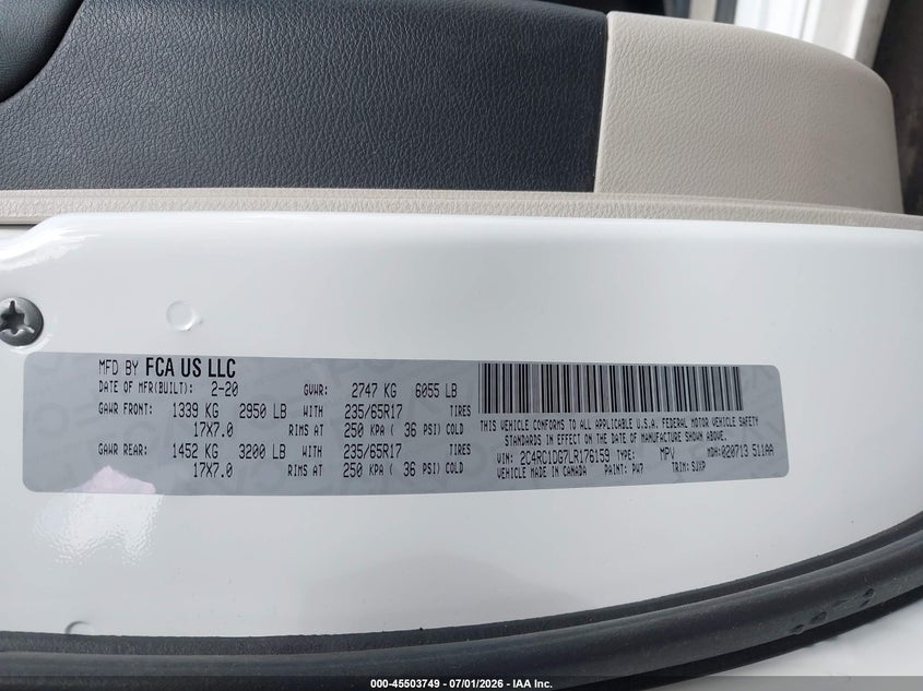 2020 Chrysler Voyager Lxi VIN: 2C4RC1DG7LR176159 Lot: 45503749