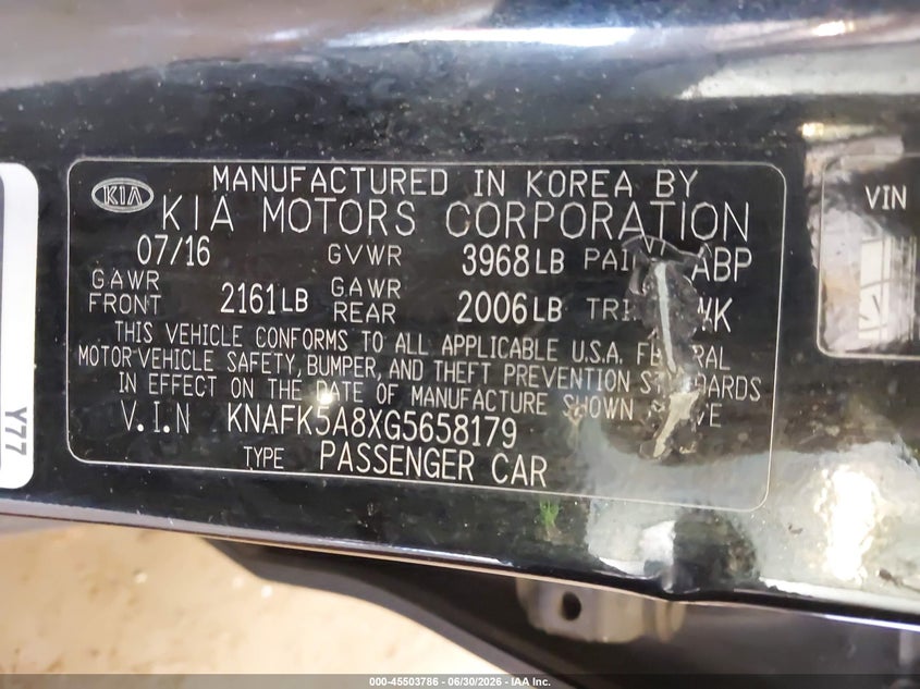 KIA FORTE 2016 VIN KNAFK5A8XG5658179
