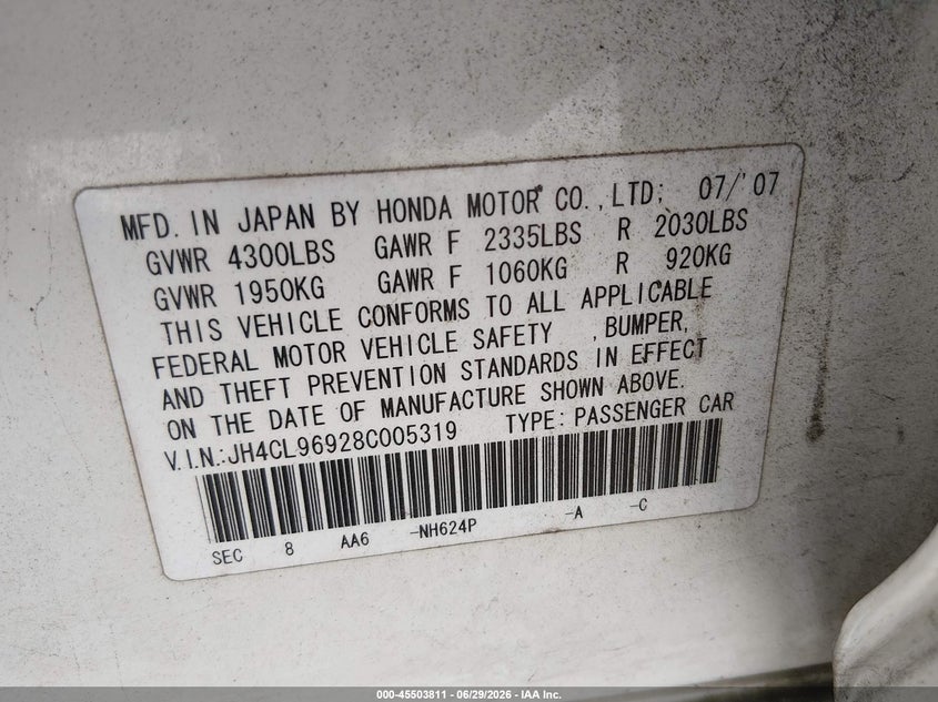 2008 Acura Tsx VIN: JH4CL96928C005319 Lot: 45503811