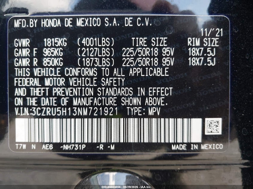 2022 Honda Hr-V 2Wd Sport VIN: 3CZRU5H13NM721921 Lot: 45503856