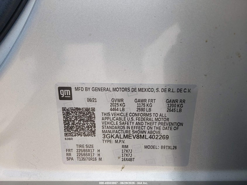 2021 GMC TERRAIN SPORT UTILITY VEHICLE 1.5L I-4 DI, DOHC, VVT, TURBO, 170HP