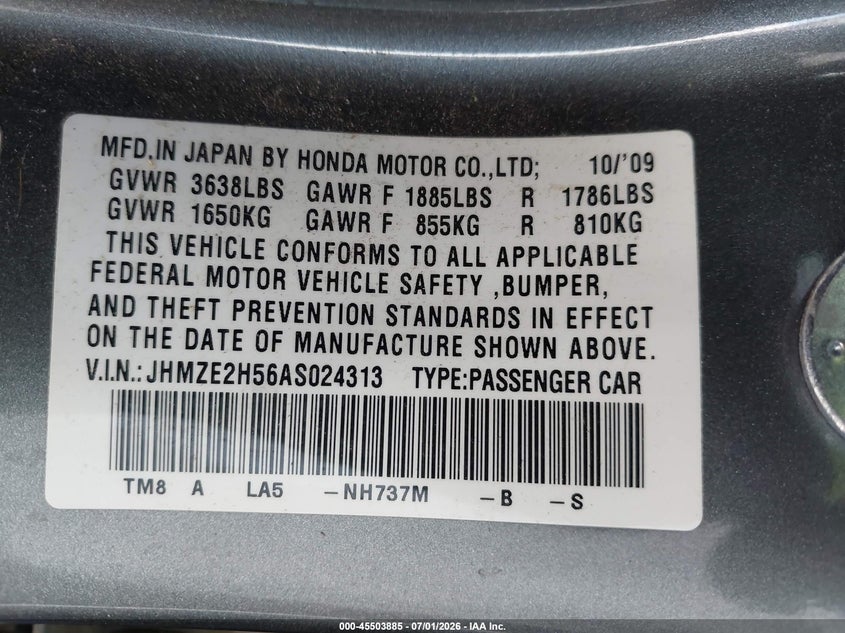 2010 Honda Insight Lx VIN: JHMZE2H56AS024313 Lot: 45503885