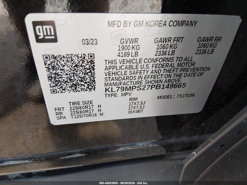 2023 Chevrolet Trailblazer Fwd Lt VIN: KL79MPS27PB149665 Lot: 45503905