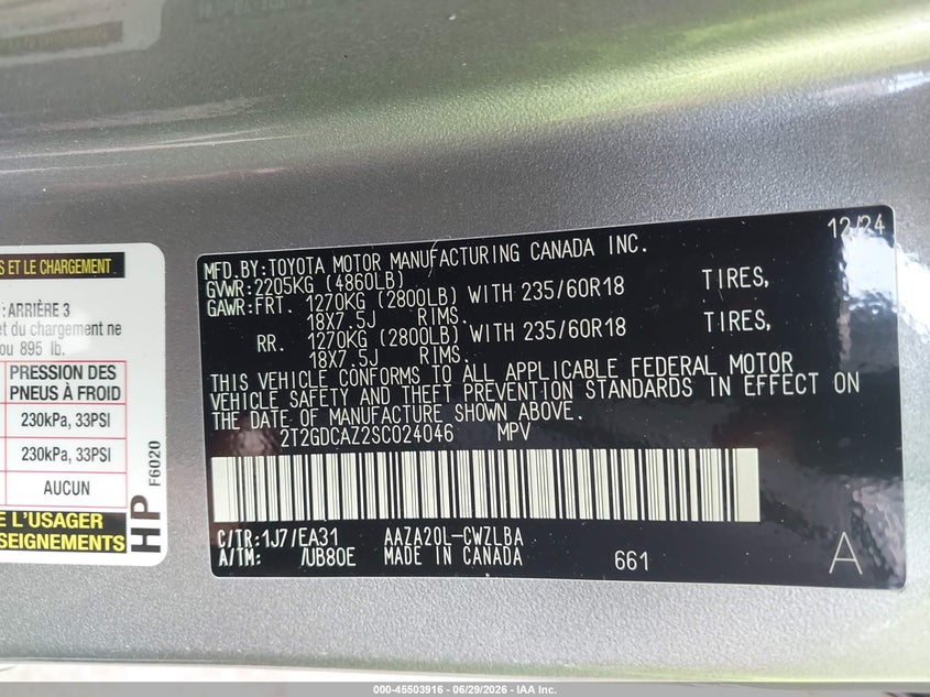 2025 Lexus Nx 250 Premium VIN: 2T2GDCAZ2SC024046 Lot: 45503916