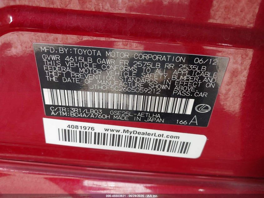2012 Lexus Is 250 VIN: JTHCF5C26C5059212 Lot: 45503921