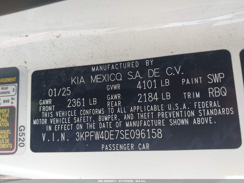 2025 Kia K4 Gt-Line VIN: 3KPFW4DE7SE096158 Lot: 45504011