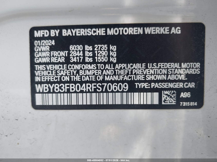 2024 BMW I4 Gran Coupe xDrive40 VIN: WBY83FB04RFS70609 Lot: 45504052