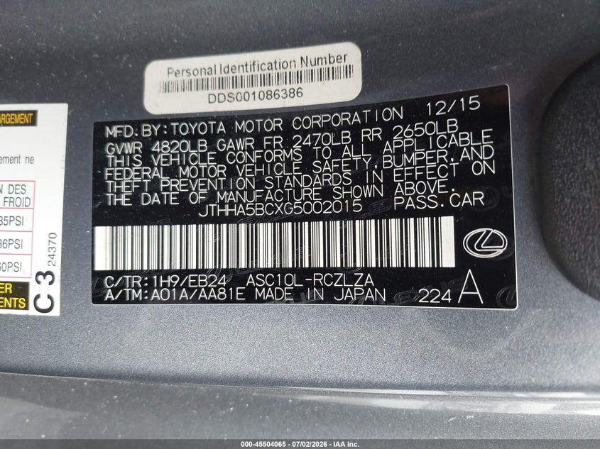 2016 Lexus Rc 200T VIN: JTHHA5BCXG5002015 Lot: 45504065