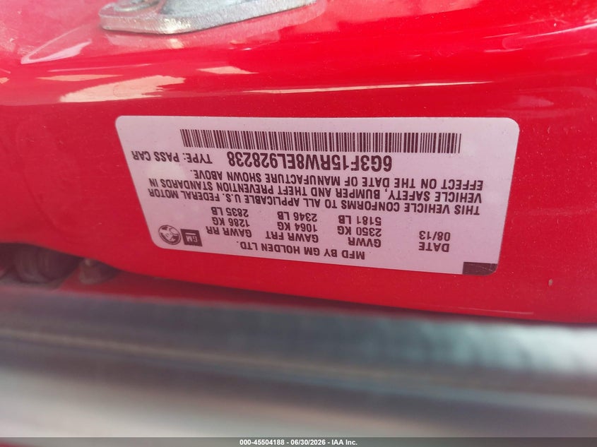 2014 Chevrolet Ss VIN: 6G3F15RW8EL928238 Lot: 45504188