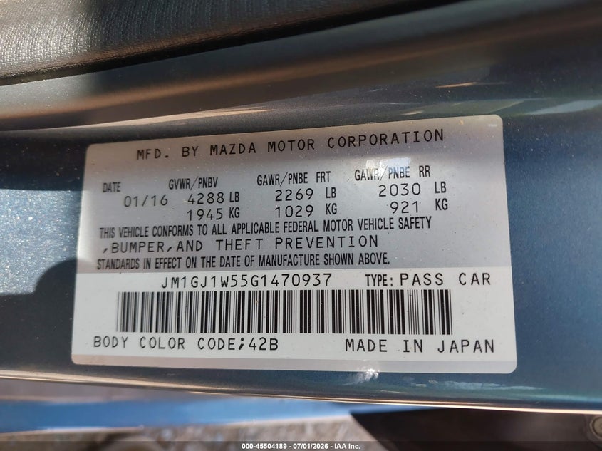2016 MAZDA 6 SEDAN 2.5L I-4 DI, DOHC, VVT, 184HP