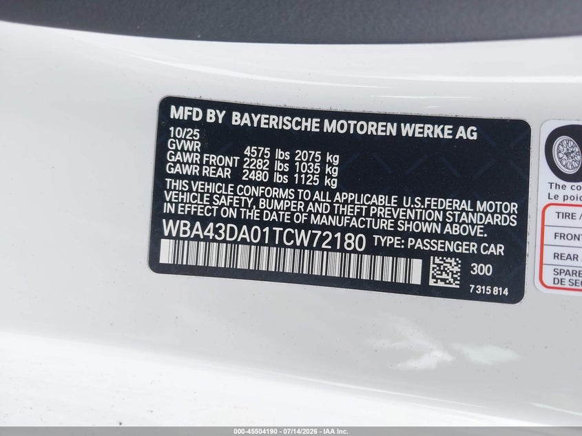 2026 BMW 430I VIN: WBA43DA01TCW72180 Lot: 45504190