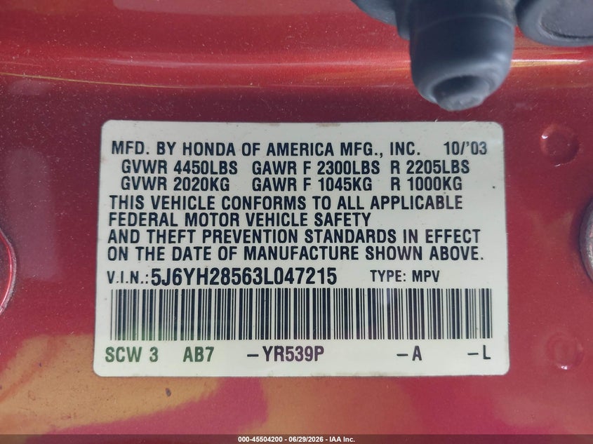 2003 Honda Element Ex VIN: 5J6YH28563L047215 Lot: 45504200