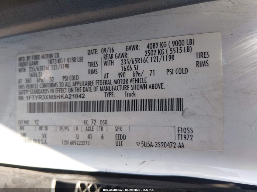 FORD TRANSIT 2017 VIN 1FTYR3XM5HKA21042