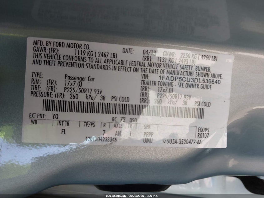 2013 Ford C-Max Energi Sel VIN: 1FADP5CU3DL536640 Lot: 45504256
