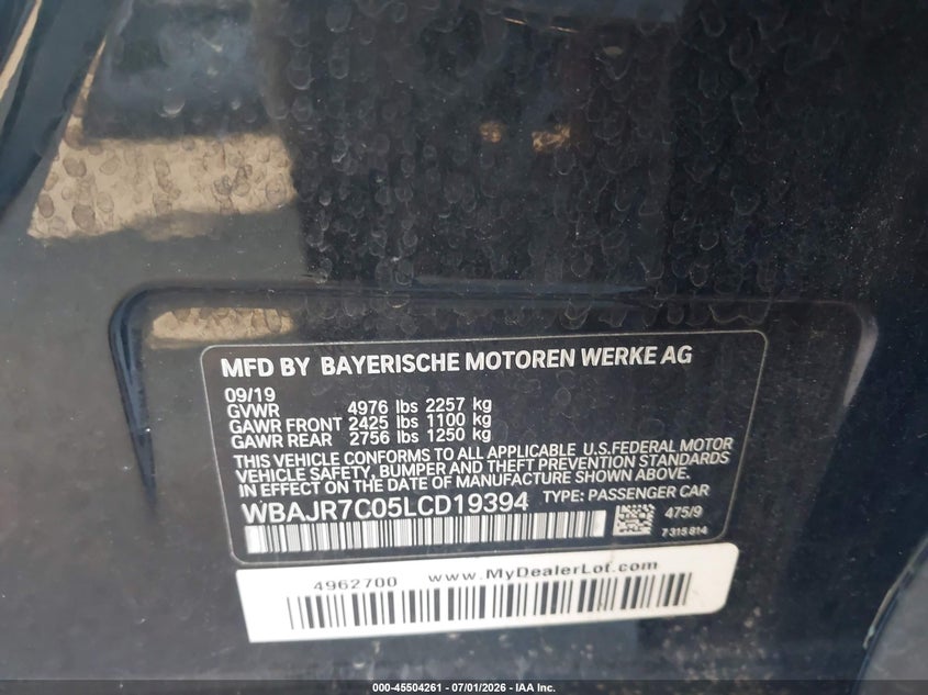 BMW 530I 2020 VIN WBAJR7C05LCD19394