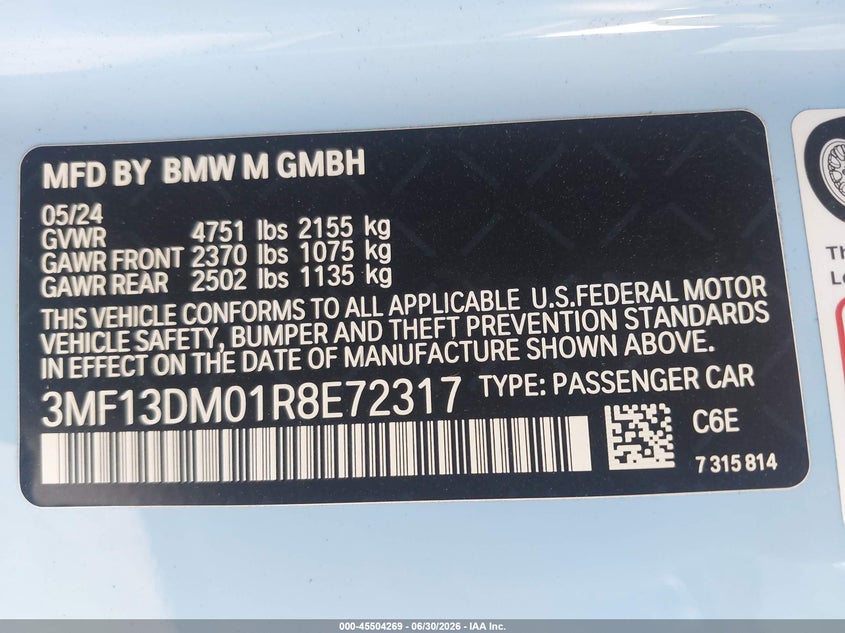 2024 BMW M2 VIN: 3MF13DM01R8E72317 Lot: 45504269