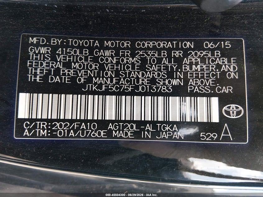 2015 Scion Tc VIN: JTKJF5C75FJ013783 Lot: 45504300