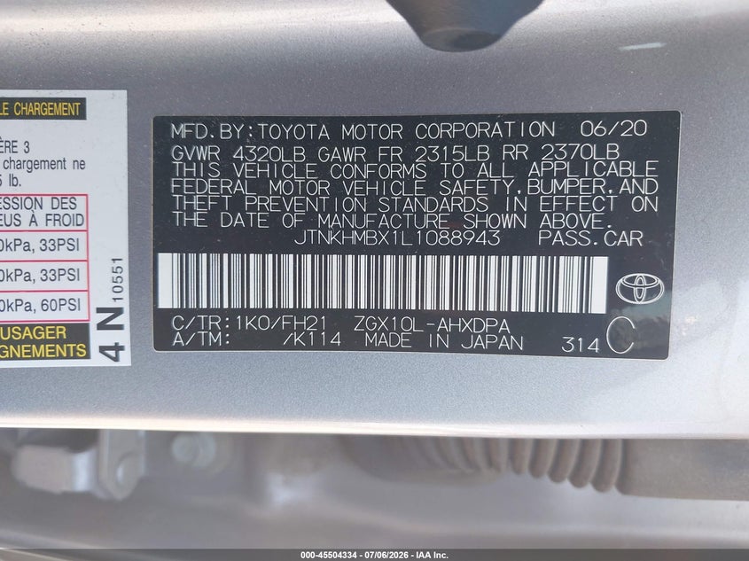 2020 Toyota C-Hr Le VIN: JTNKHMBX1L1088943 Lot: 45504334