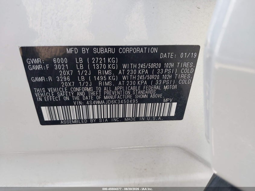 2019 Subaru Ascent Limited VIN: 4S4WMAJD6K3450495 Lot: 45504377