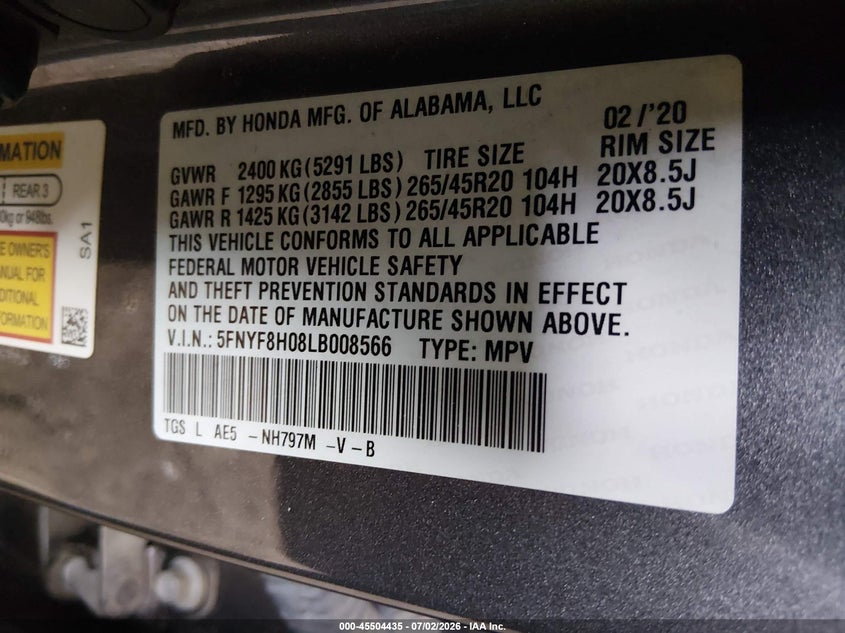 2020 Honda Passport Awd Elite VIN: 5FNYF8H08LB008566 Lot: 45504435