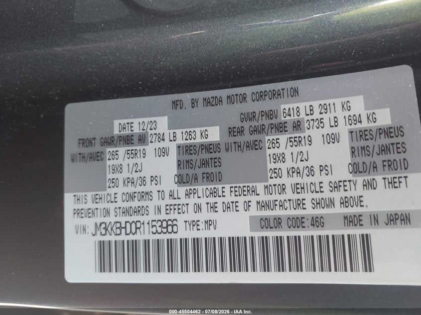 2024 Mazda Cx-90 3.3 Turbo Preferred VIN: JM3KKBHD0R1153966 Lot: 45504462