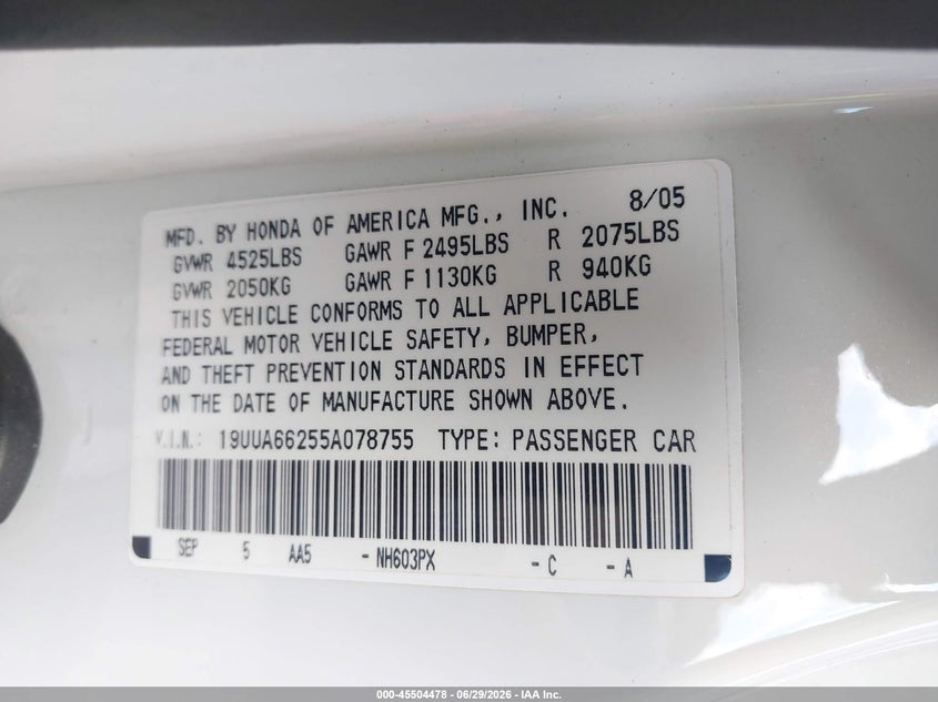 2005 Acura Tl VIN: 19UUA66255A078755 Lot: 45504478