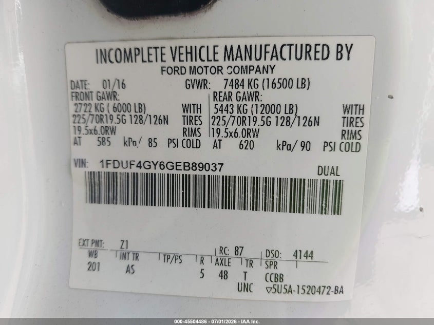 2016 Ford F-450 Chassis Xl/Xlt VIN: 1FDUF4GY6GEB89037 Lot: 45504486