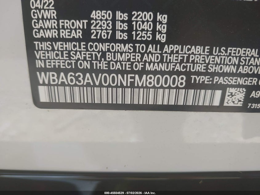 2022 BMW 430I Gran Coupe VIN: WBA63AV00NFM80008 Lot: 45504529