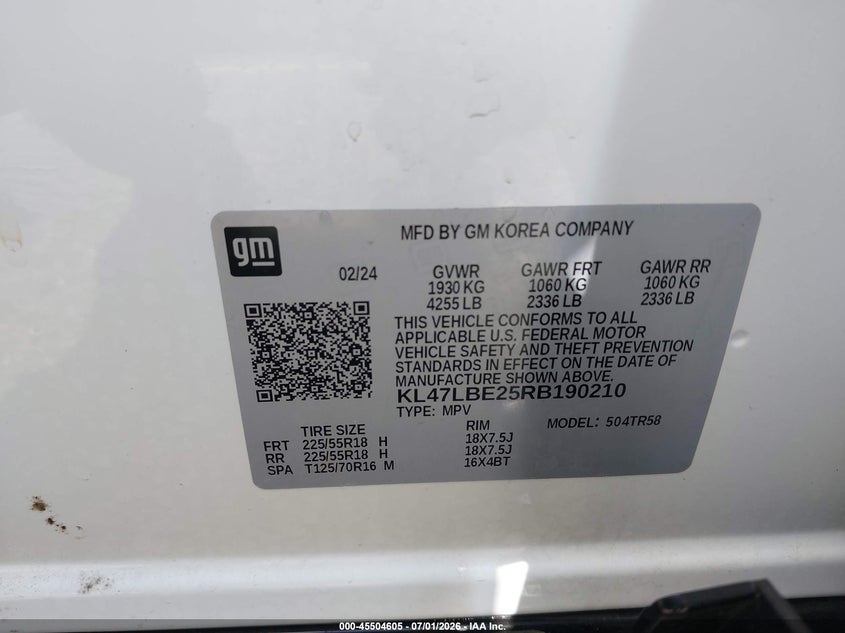 2024 Buick Envista Sport Touring Fwd VIN: KL47LBE25RB190210 Lot: 45504605