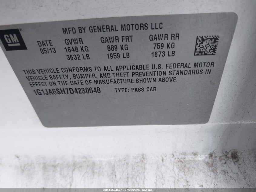 2013 Chevrolet Sonic Ls Auto VIN: 1G1JA6SH7D4230648 Lot: 45504627