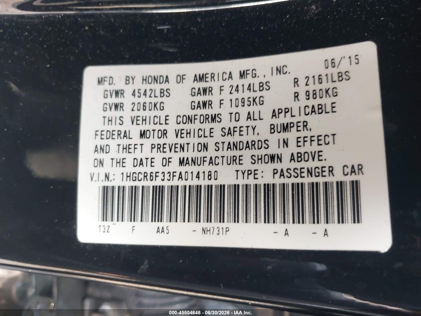 HONDA ACCORD HYBRID 2015 VIN 1HGCR6F33FA014180