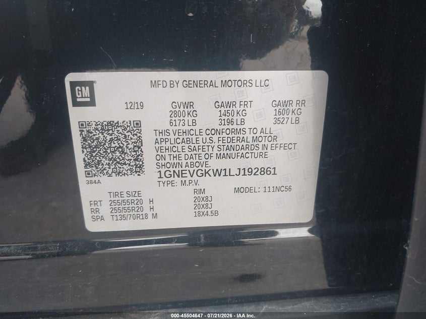 2020 Chevrolet Traverse Awd Lt Cloth VIN: 1GNEVGKW1LJ192861 Lot: 45504647