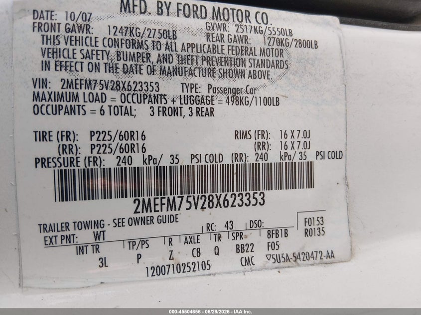2008 Mercury Grand Marquis Ls VIN: 2MEFM75V28X623353 Lot: 45504656