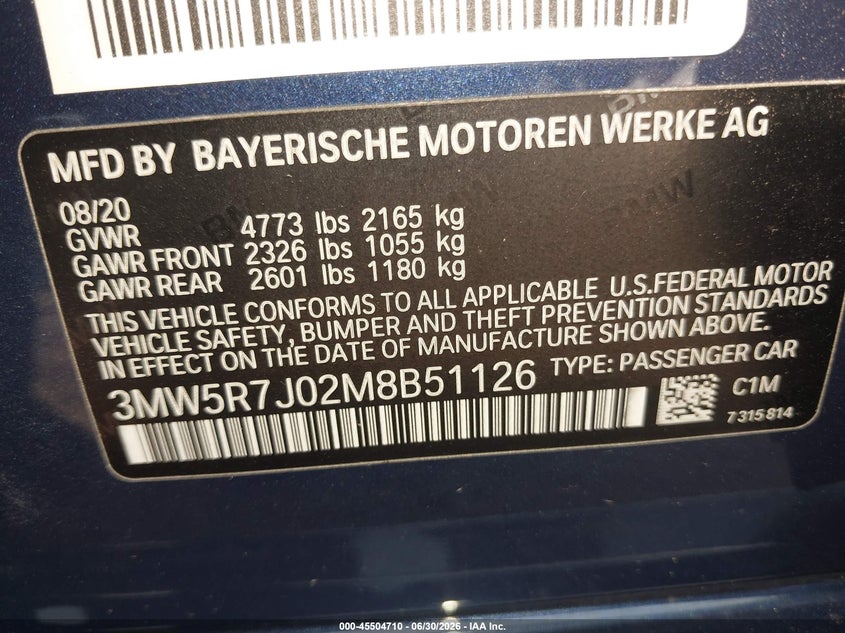 BMW 330I 2021 VIN 3MW5R7J02M8B51126