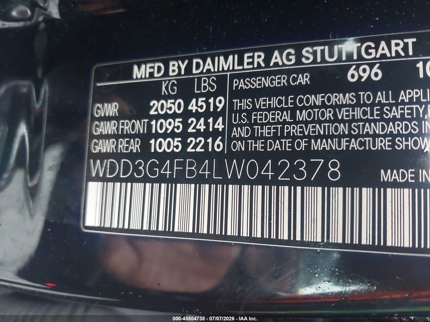 2020 Mercedes-Benz A 220 4Matic VIN: WDD3G4FB4LW042378 Lot: 45504738